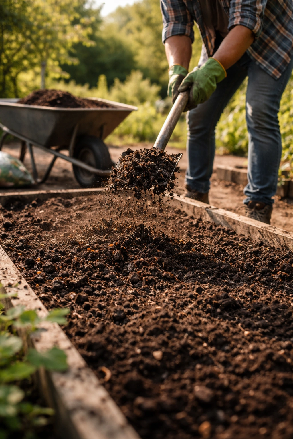 Gardener applying compost to a prepared planting bed