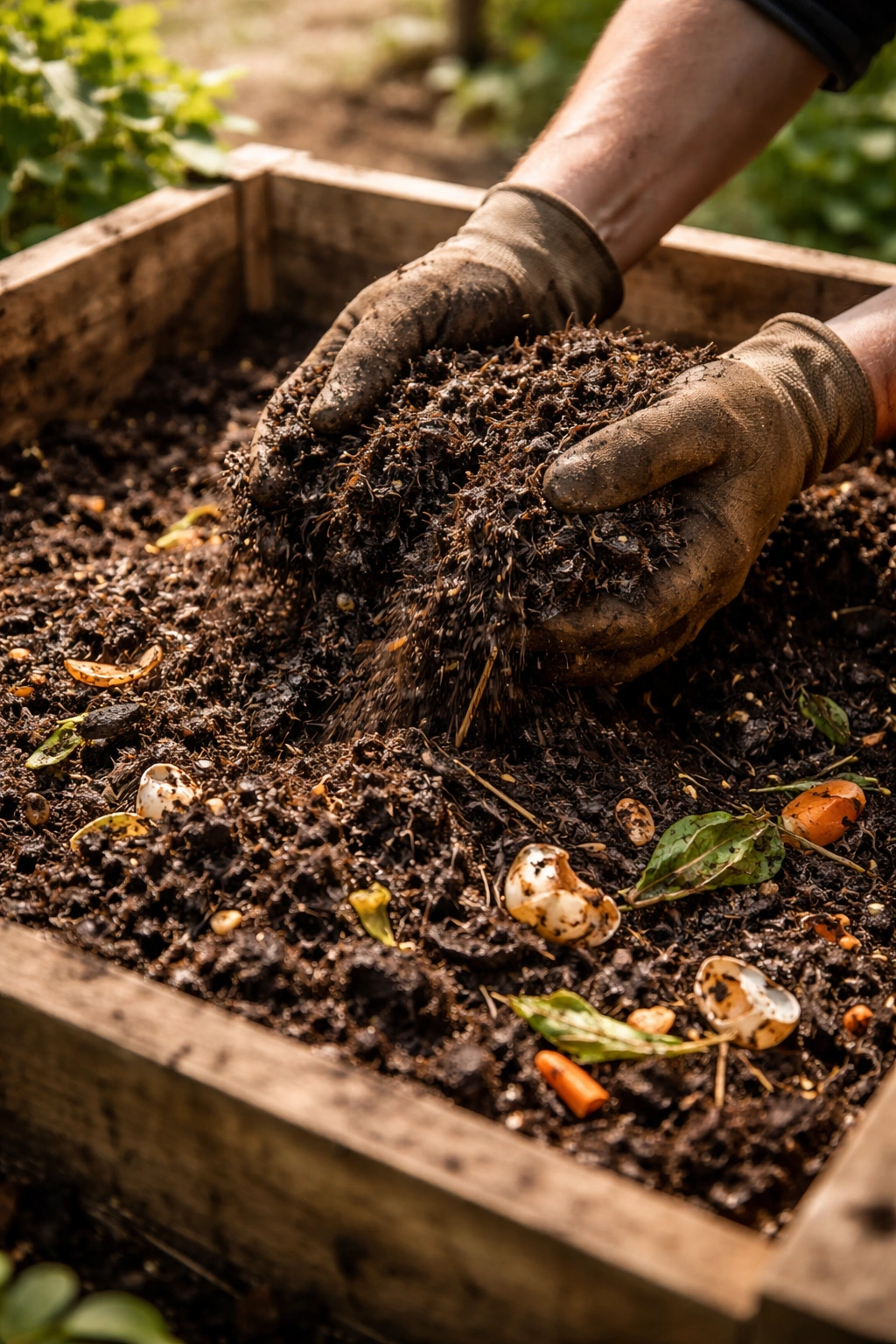 Hands turning rich compost for soil fertility