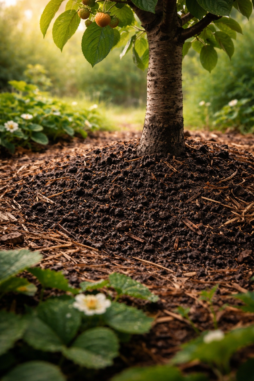 Dark compost and mulch around fruit tree trunk showing healthy soil