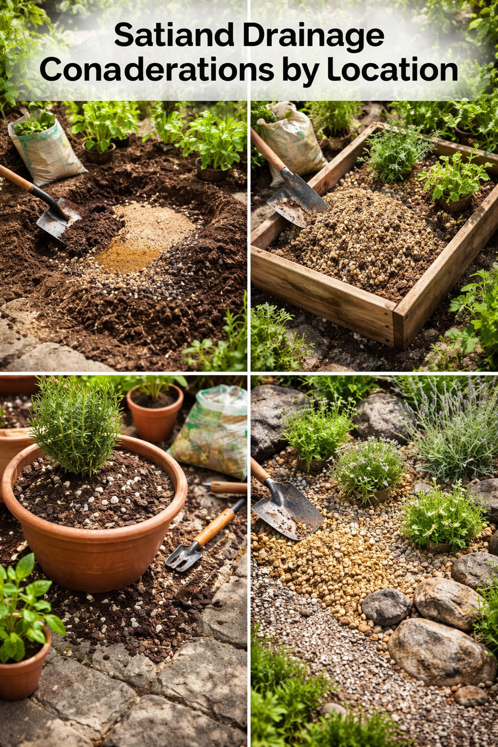 Soil textures and drainage contexts for herbs in ground raised beds containers and rock garden