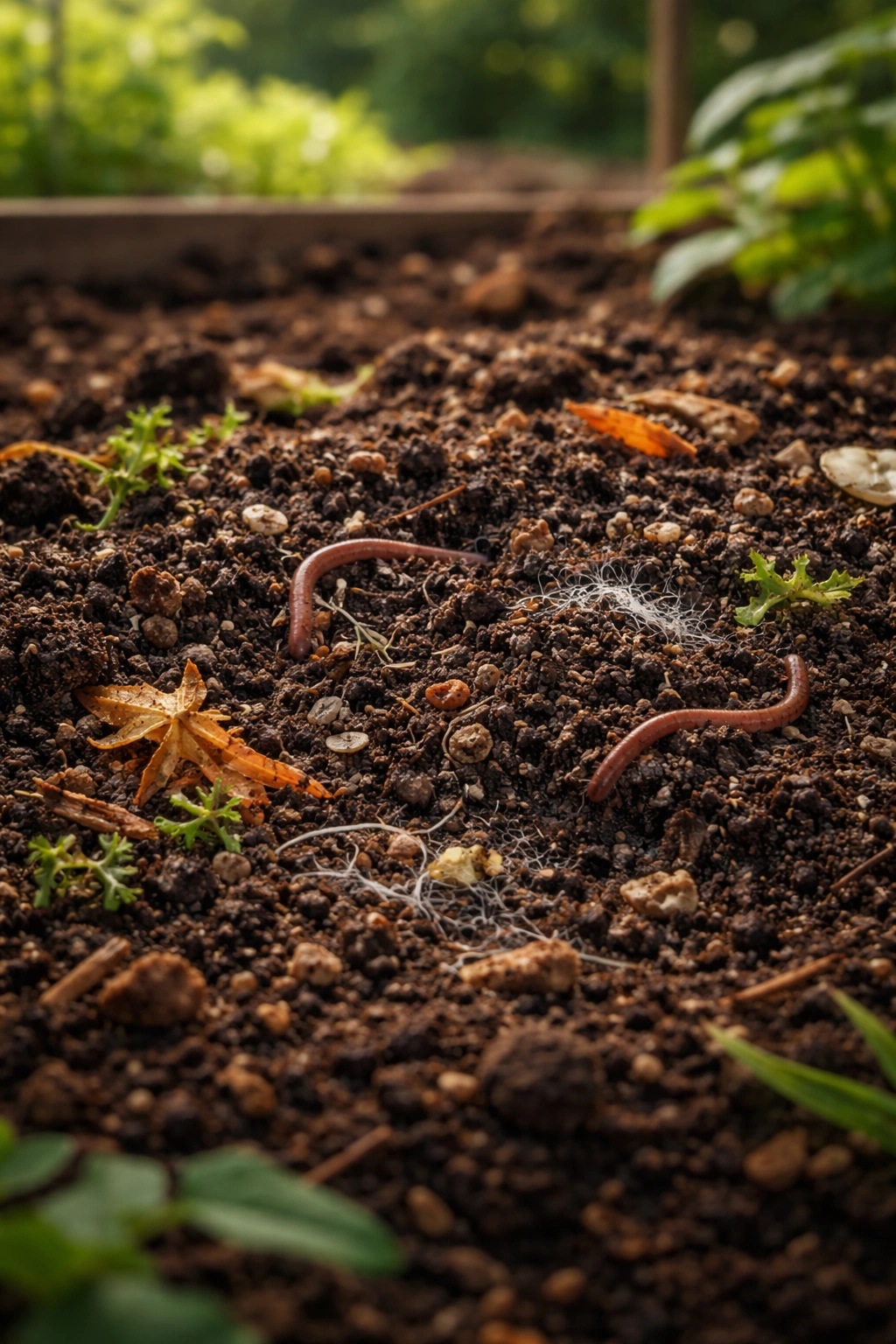 Rich dark soil with earthworms and compost illustrating healthy soil management to prevent fungal diseases