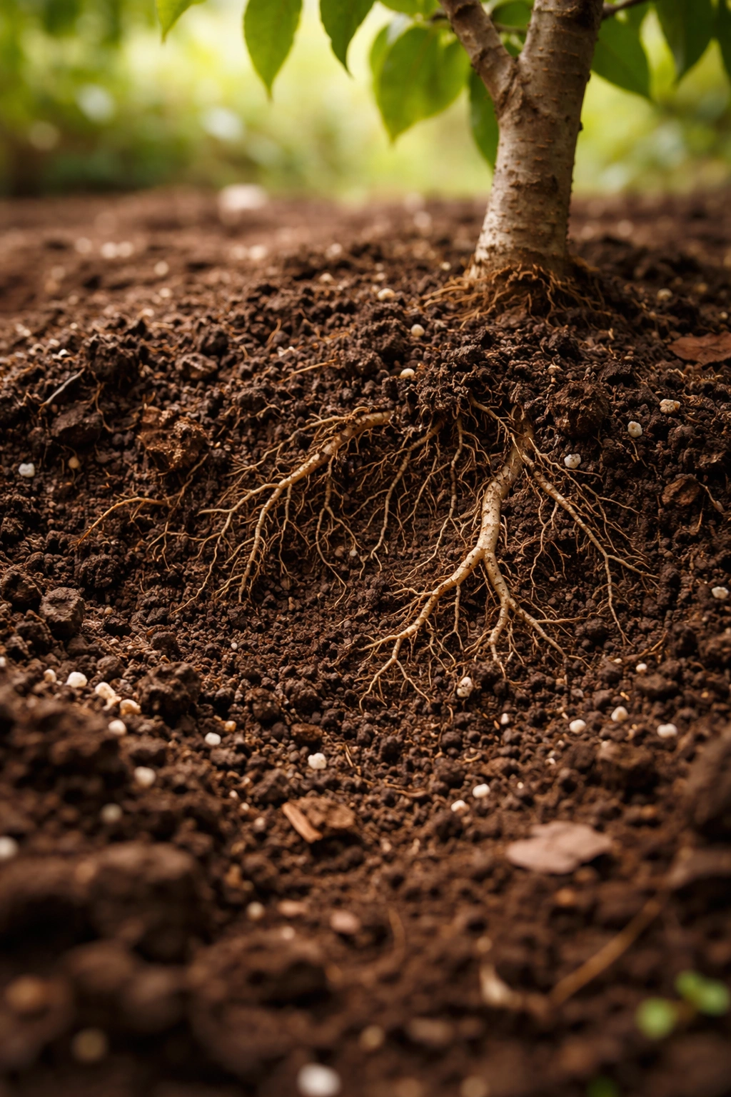 Close-up of rich loamy soil with organic matter supporting fruit tree roots.