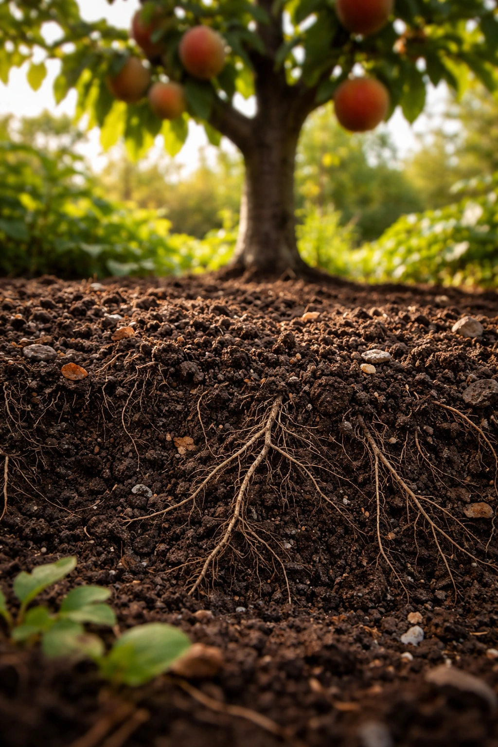 Dark crumbly soil with exposed roots and organic matter in a healthy garden bed
