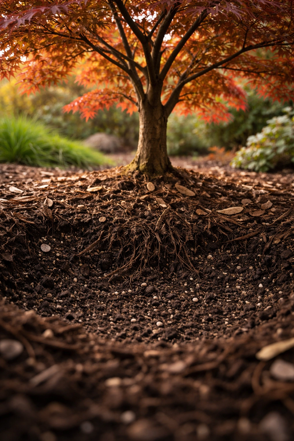 Japanese maple planted in well-drained soil with mulch