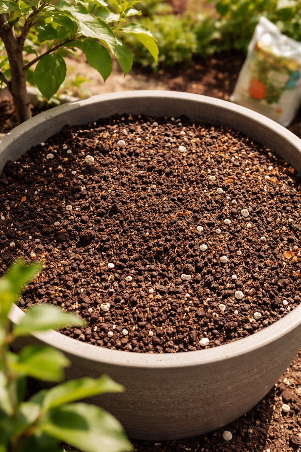 Close-up of rich soil mix in a planter for fruit trees