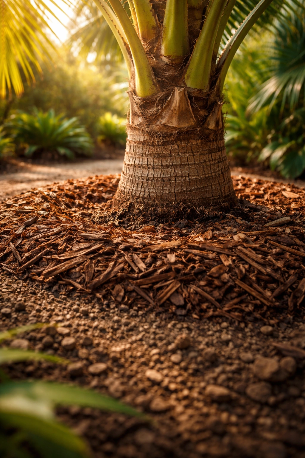 Palm trunk base surrounded by mulch and soil