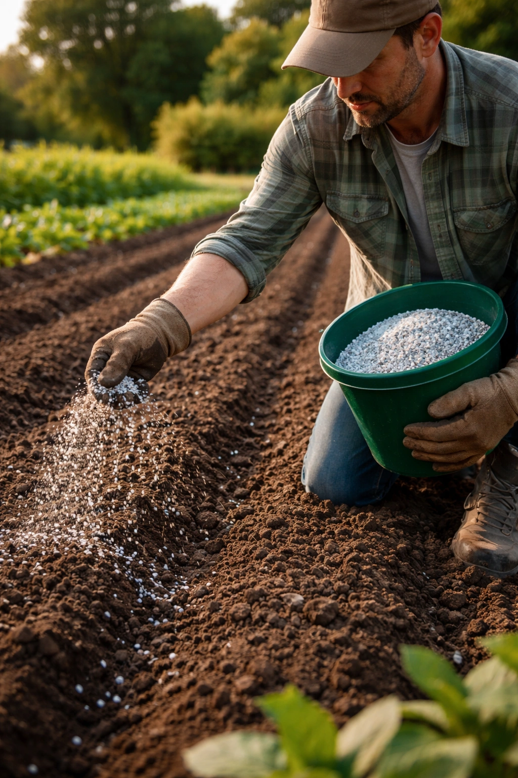 Farmer applying granular fertilizer to a tilled soil bed