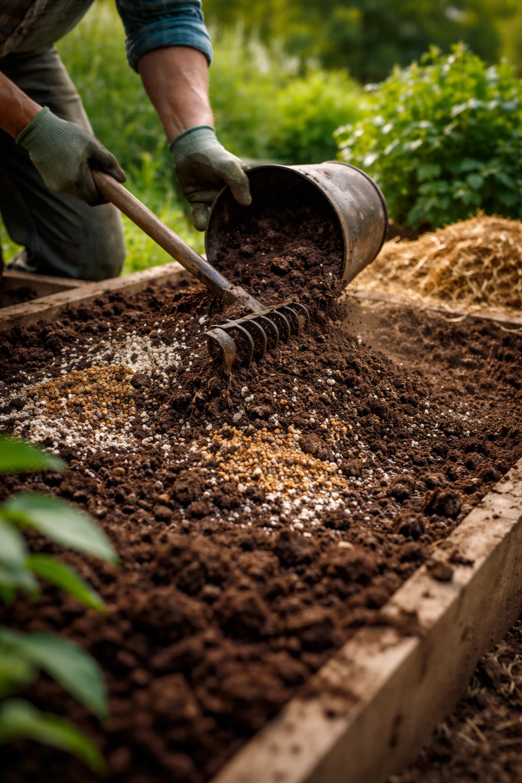 Macro shot of rich soil being mixed with amendments in a garden bed.