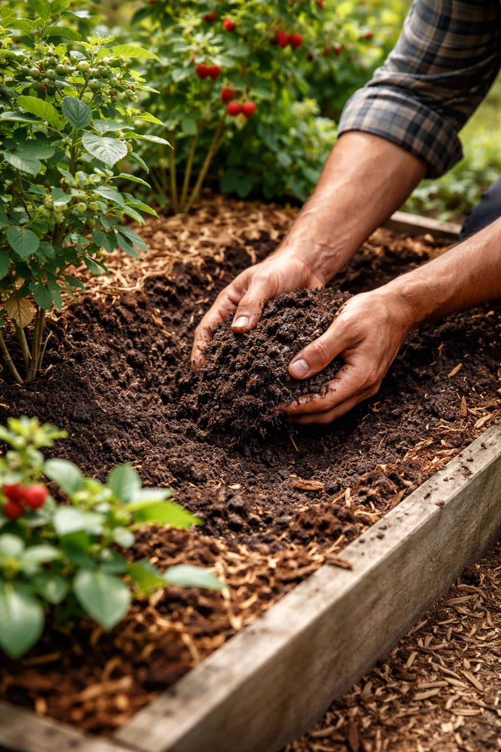 Hands mixing compost into berry bed with mulch in prepared soil