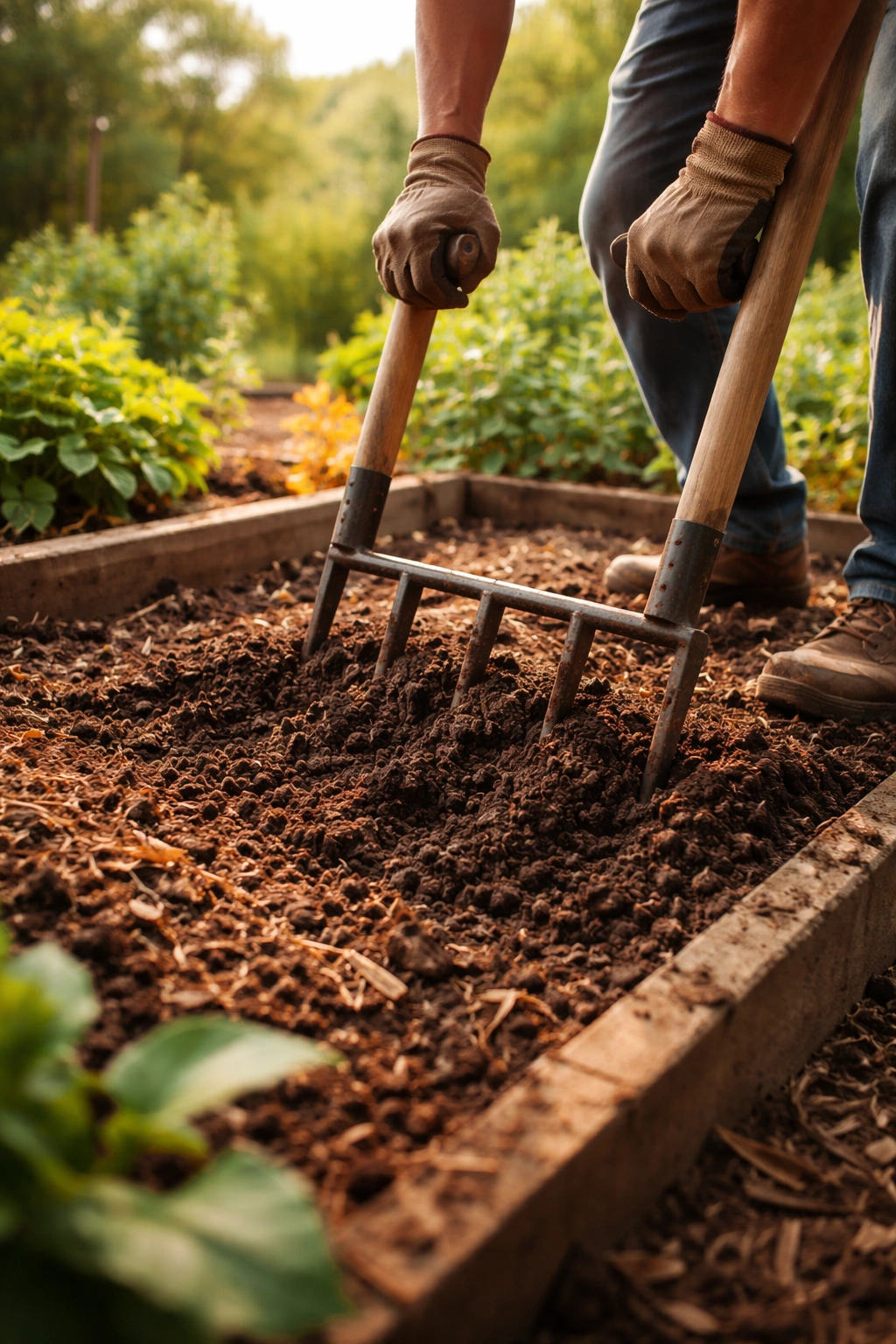 Close-up of hands using a broadfork to loosen soil for September planting