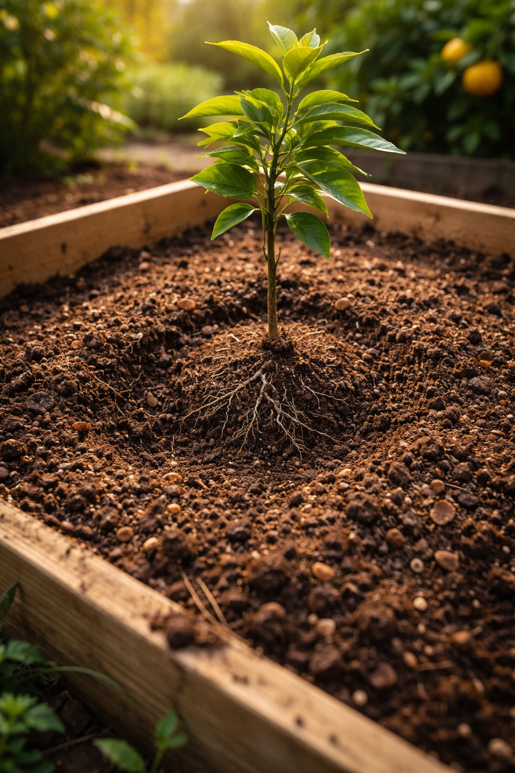 Raised garden bed with airy soil and young citrus sapling