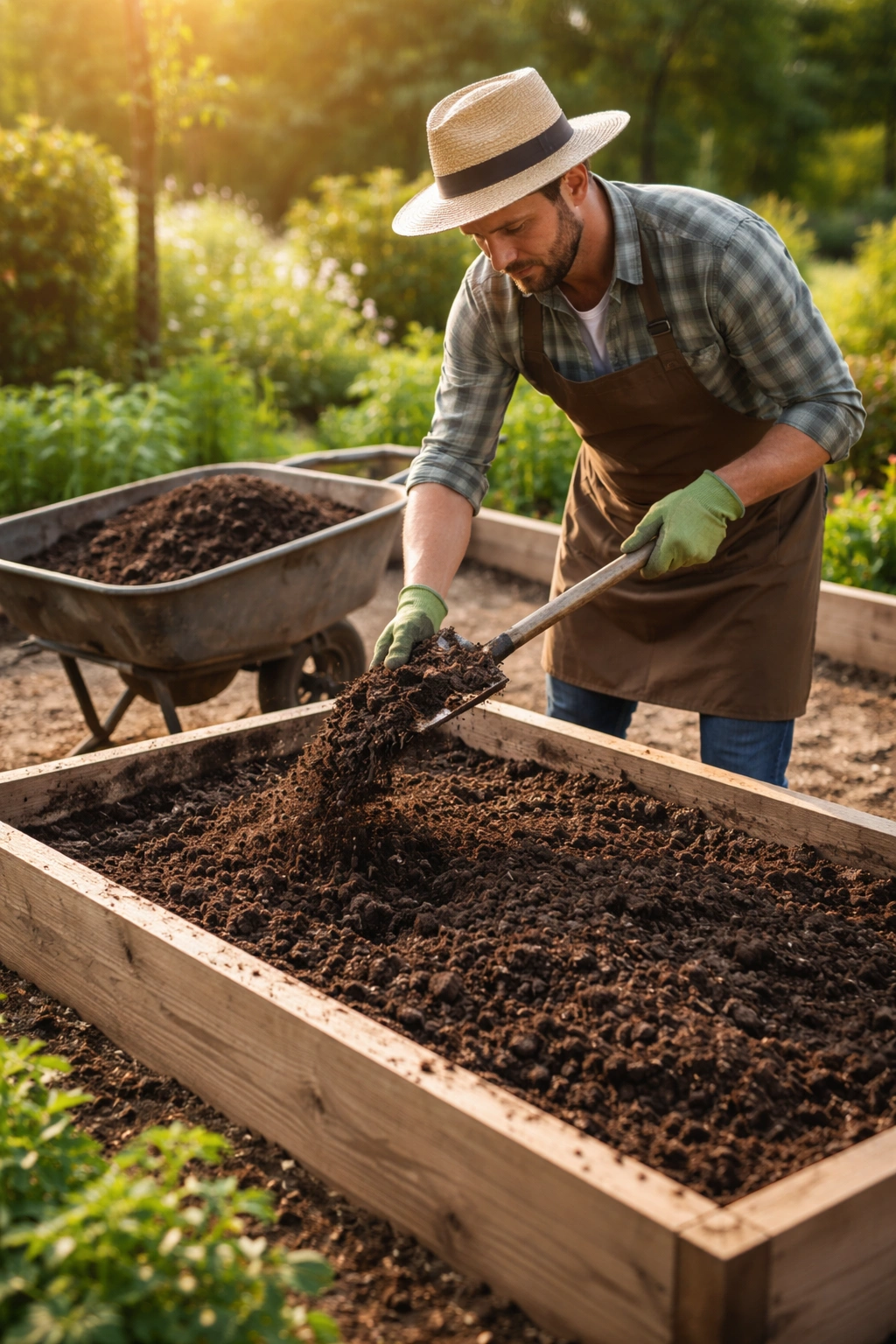 Gardener adding compost to soil in raised bed