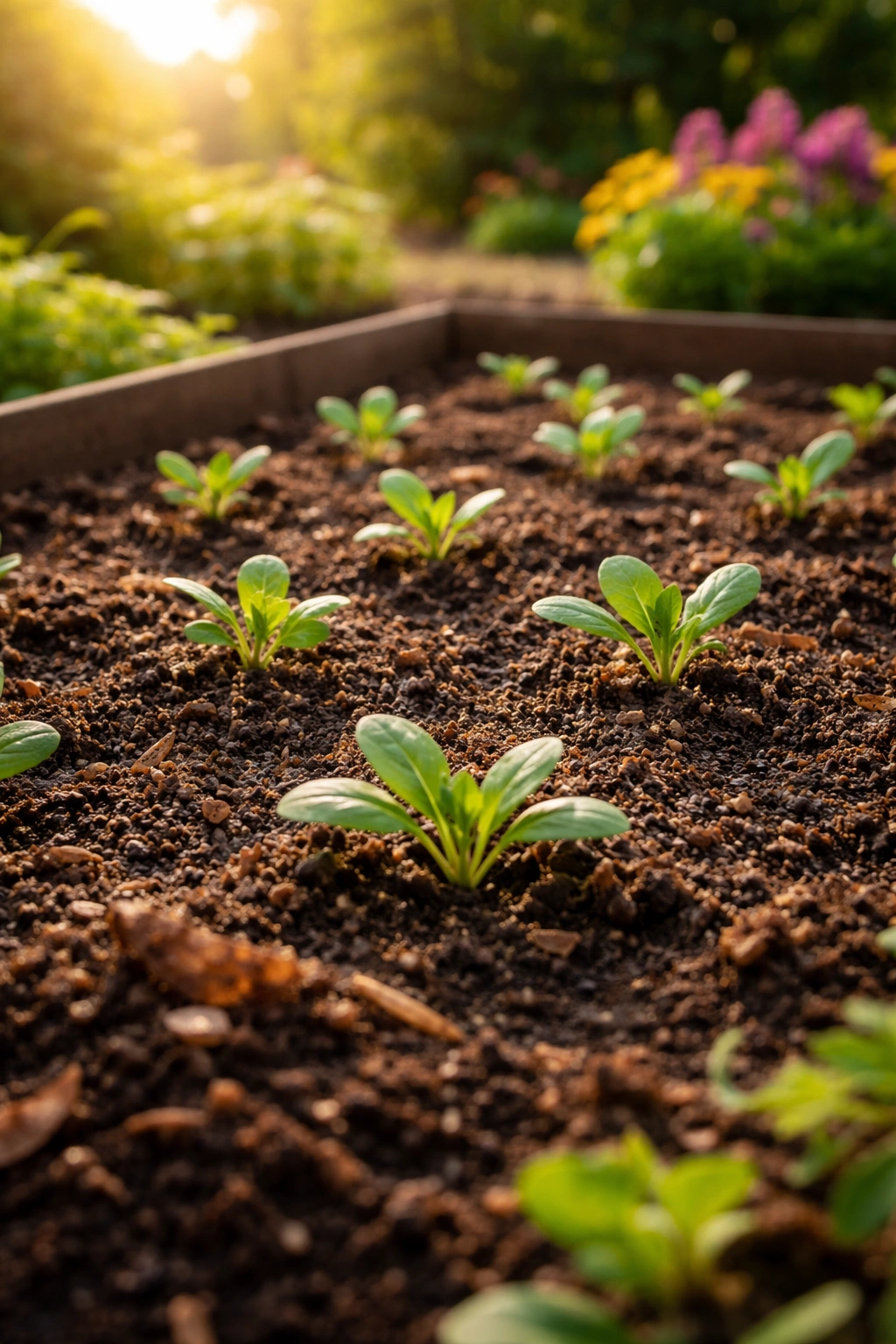 Soil enriched with compost showing sprouts emerging