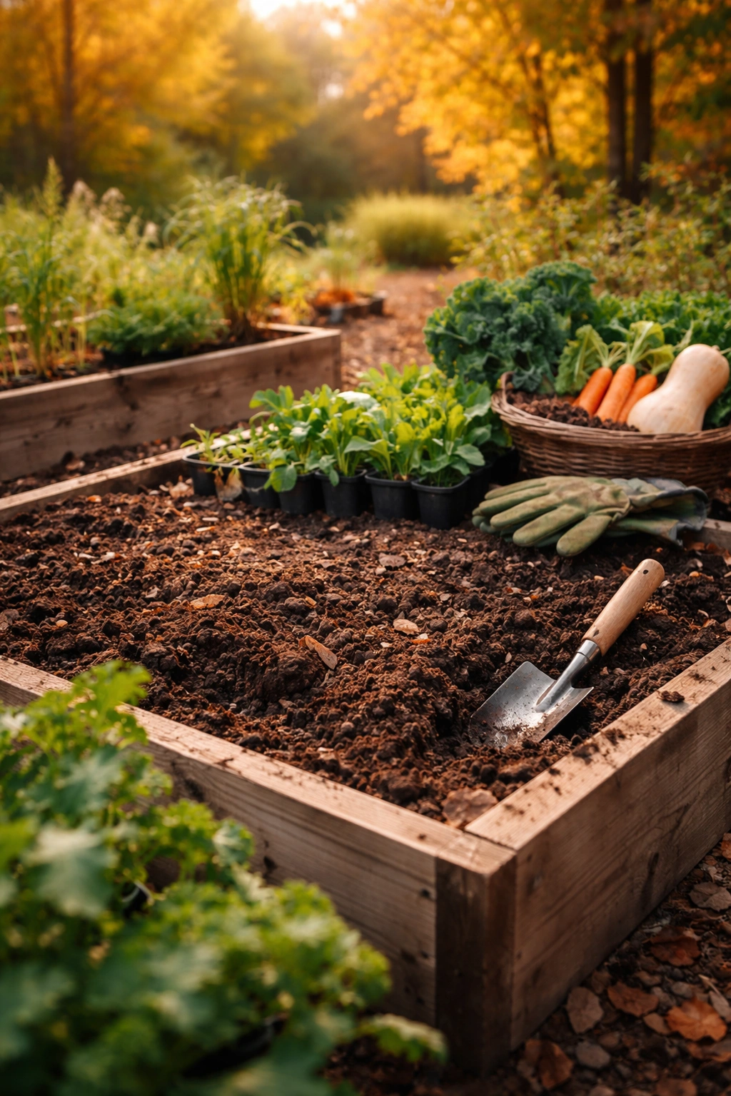 Close-up of rich soil with compost in a raised bed for fall planting