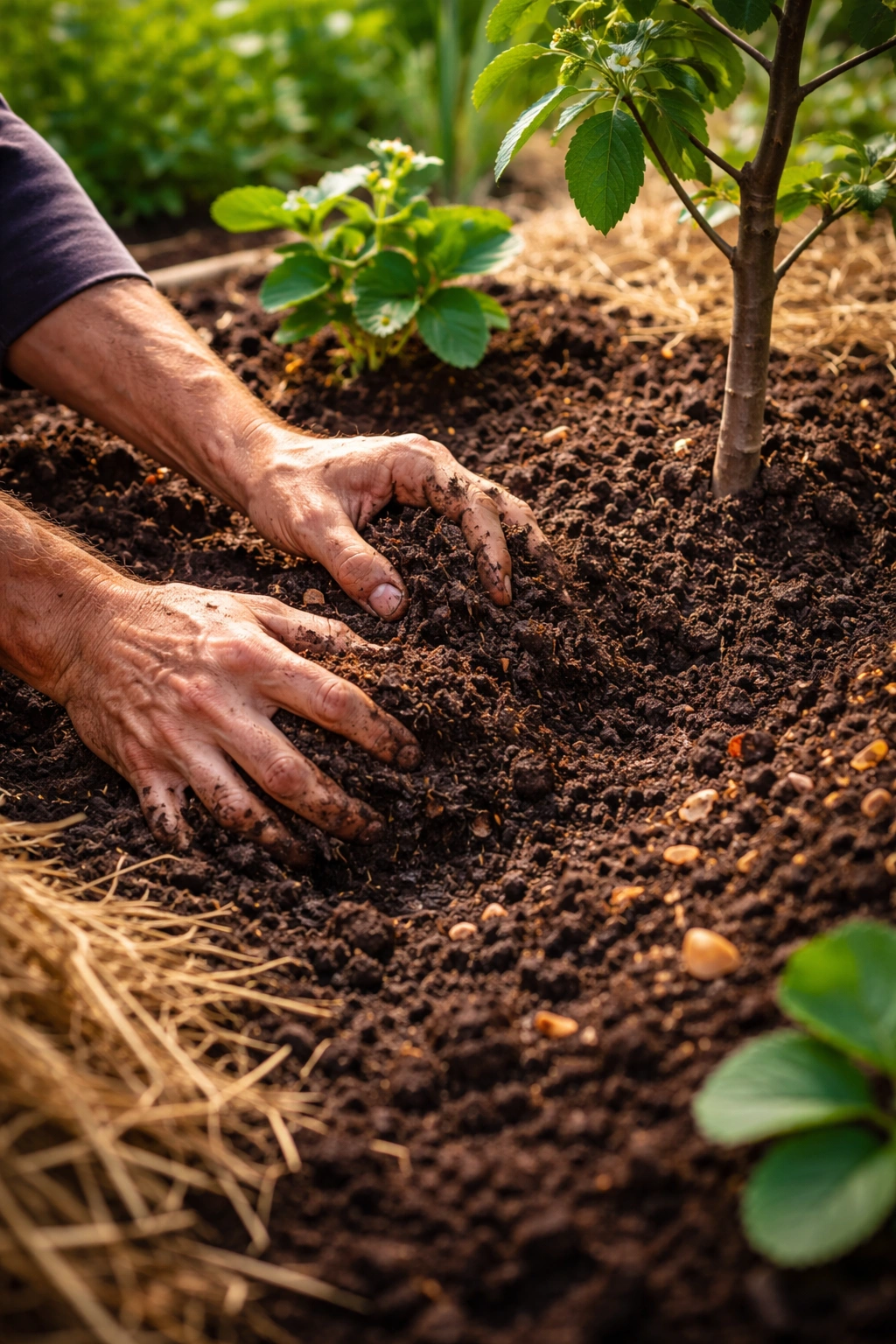 Hands digging fertile soil with compost and mulch for fruit plants
