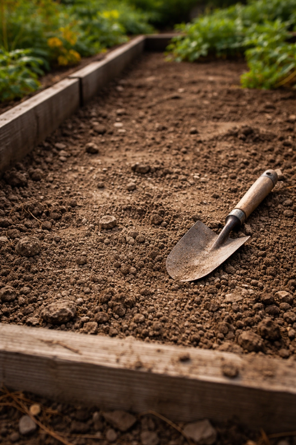 Bare compacted soil in a garden bed with no mulch, illustrating soil prep mistakes in September