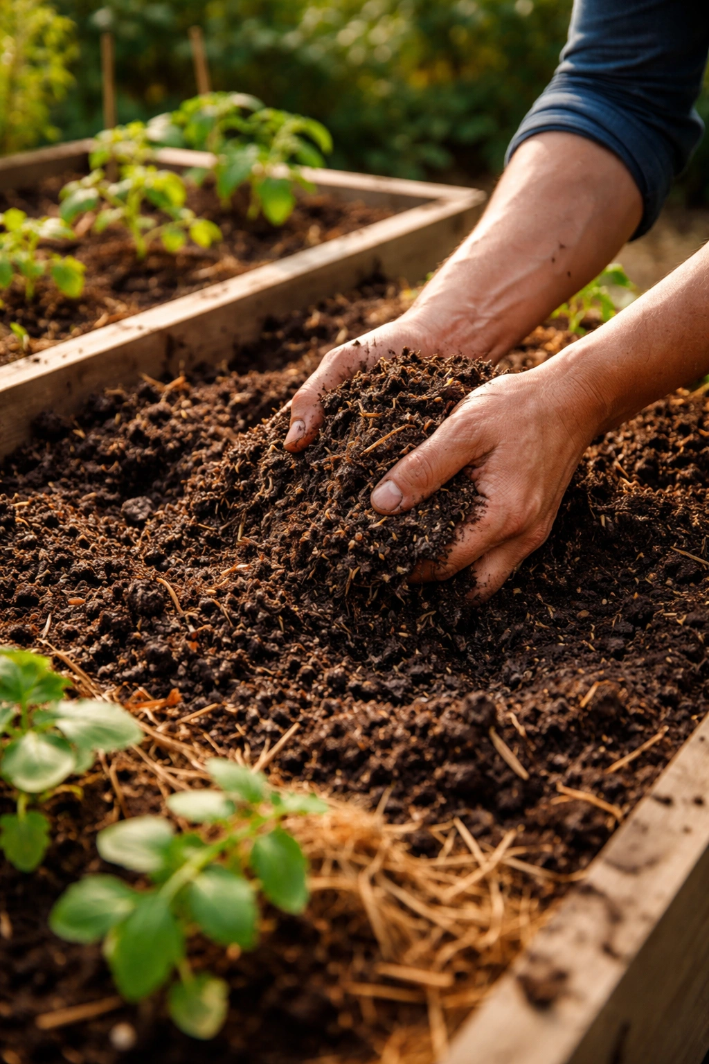 Hands mixing soil and compost in a raised bed for soil preparation