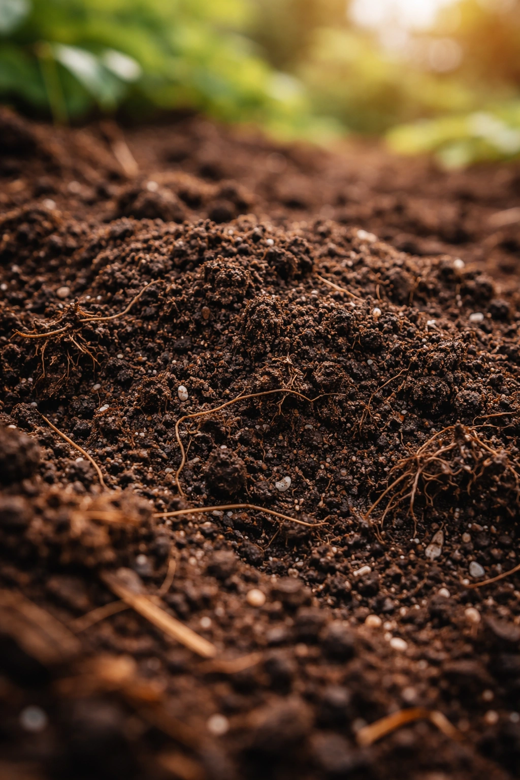 Close-up of rich garden soil with organic matter