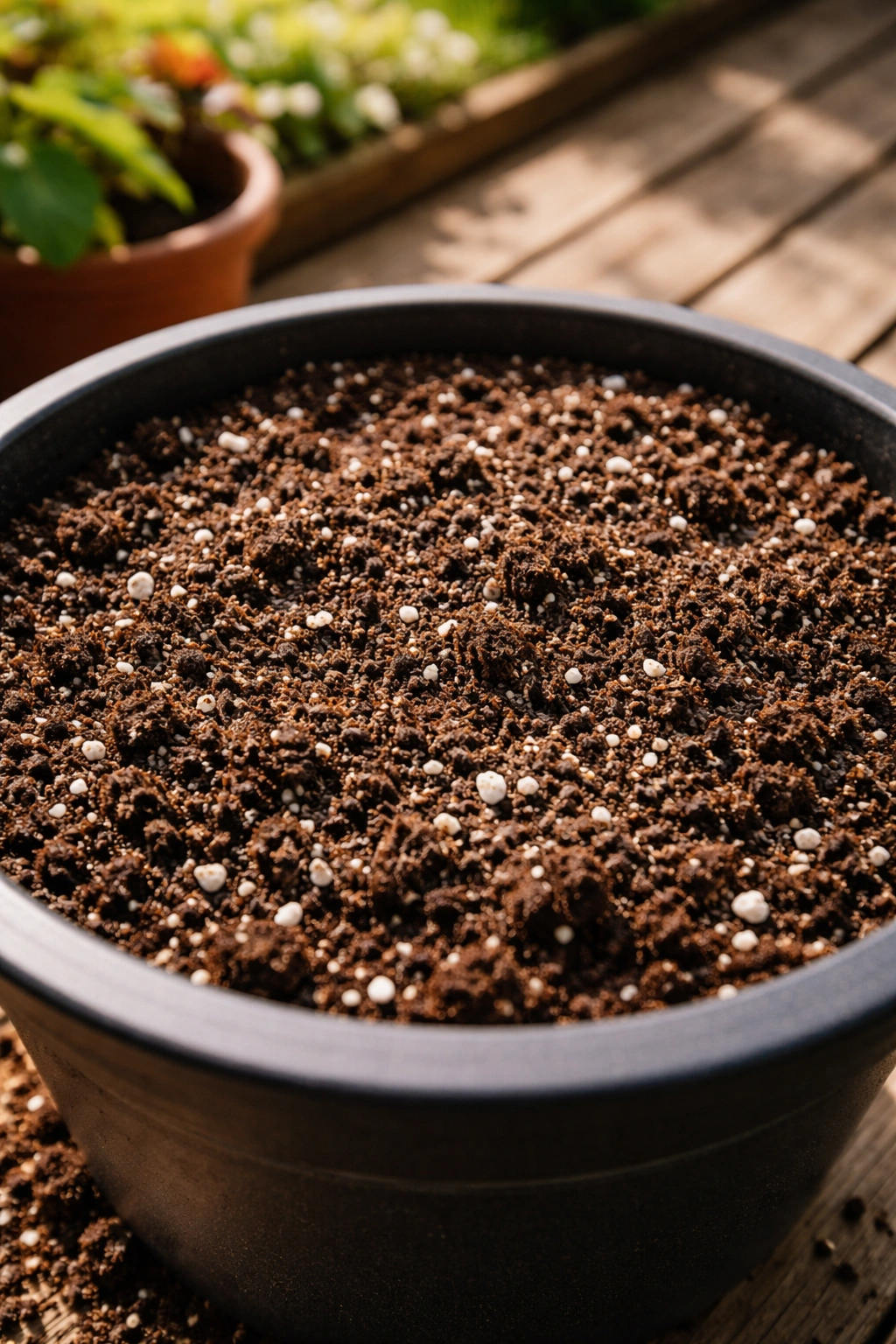 Close-up of airy potting mix with perlite and compost in a container.