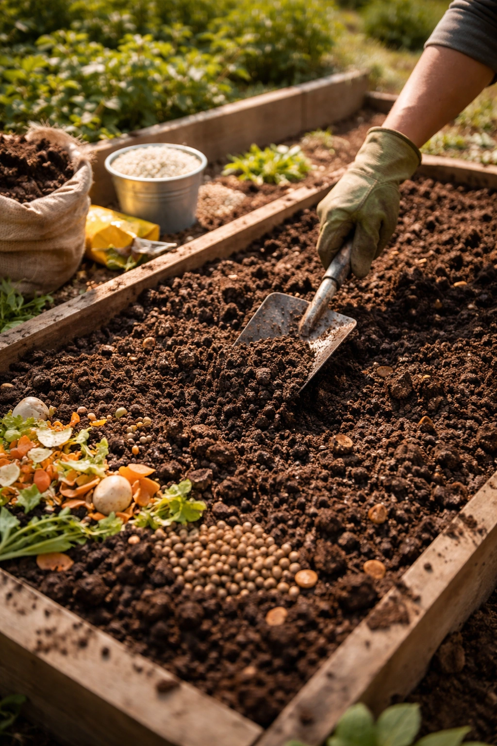 Close-up of dark fertile soil with organic matter ready for planting.
