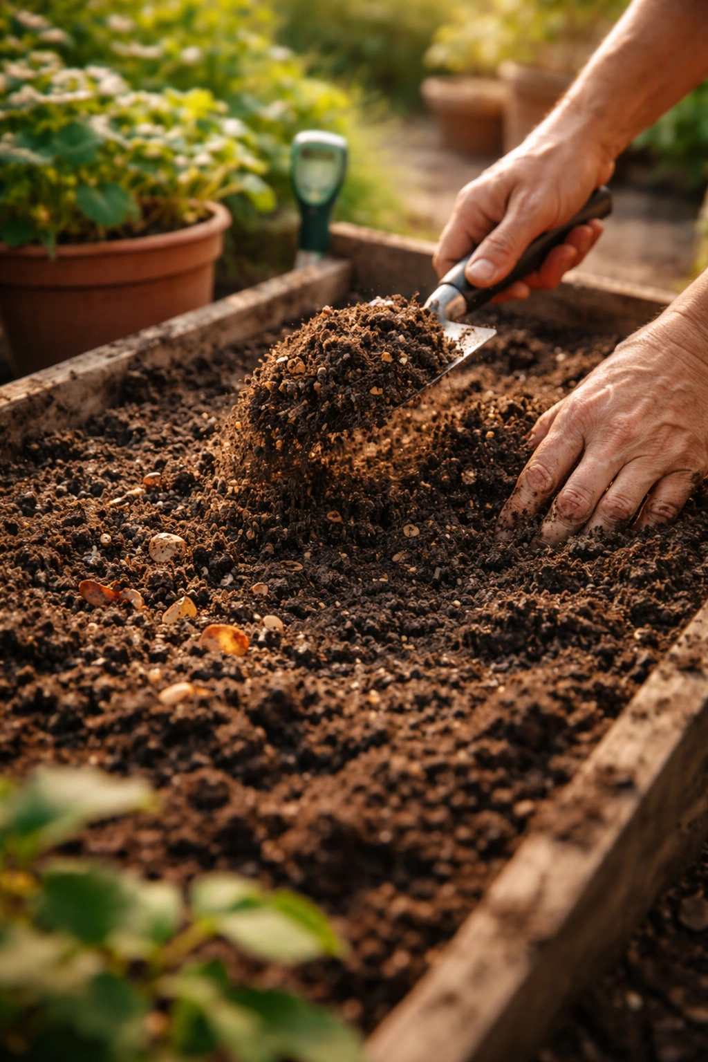 Rich loamy soil enriched with compost in garden bed