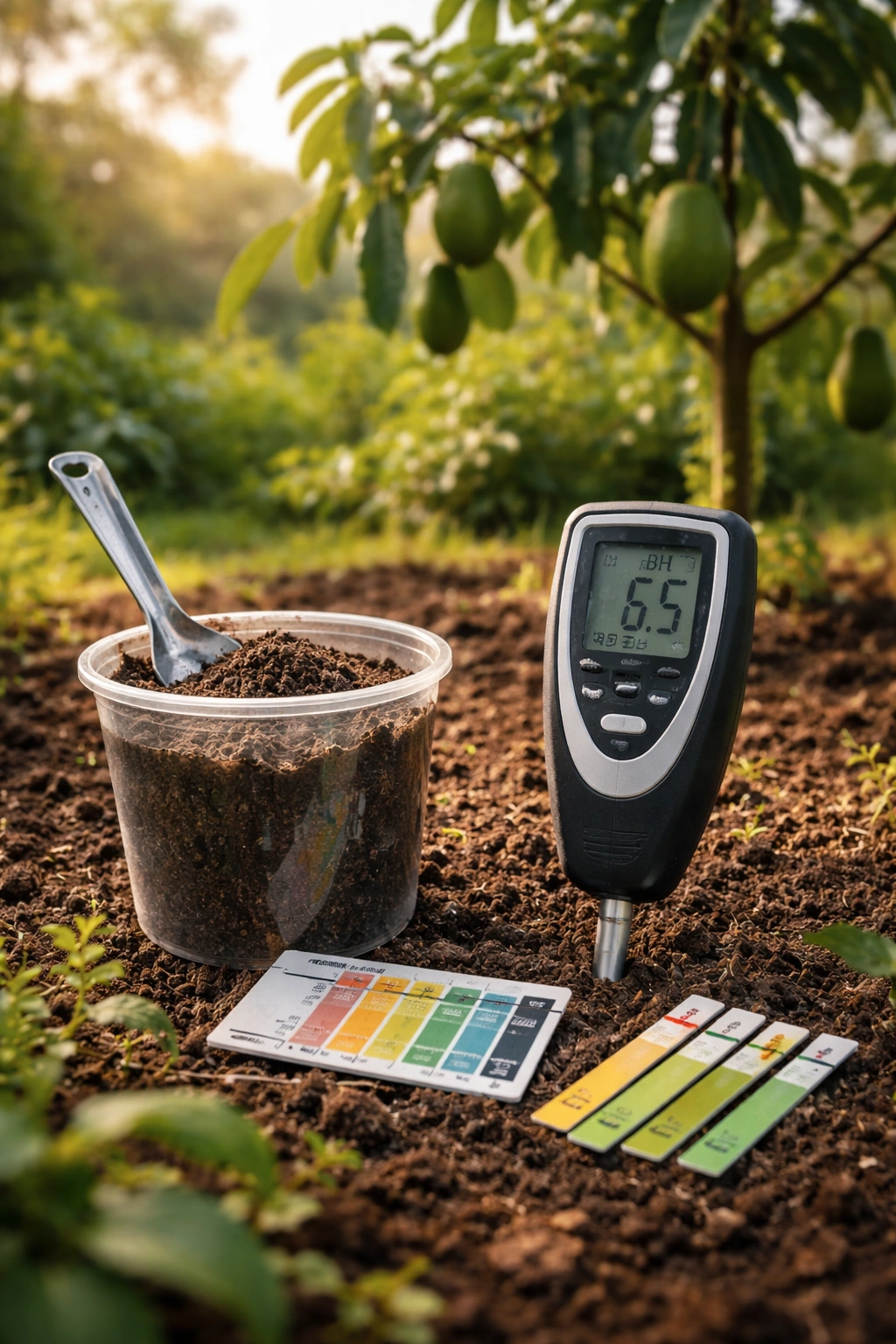 Close-up of soil testing kit and avocado tree in garden