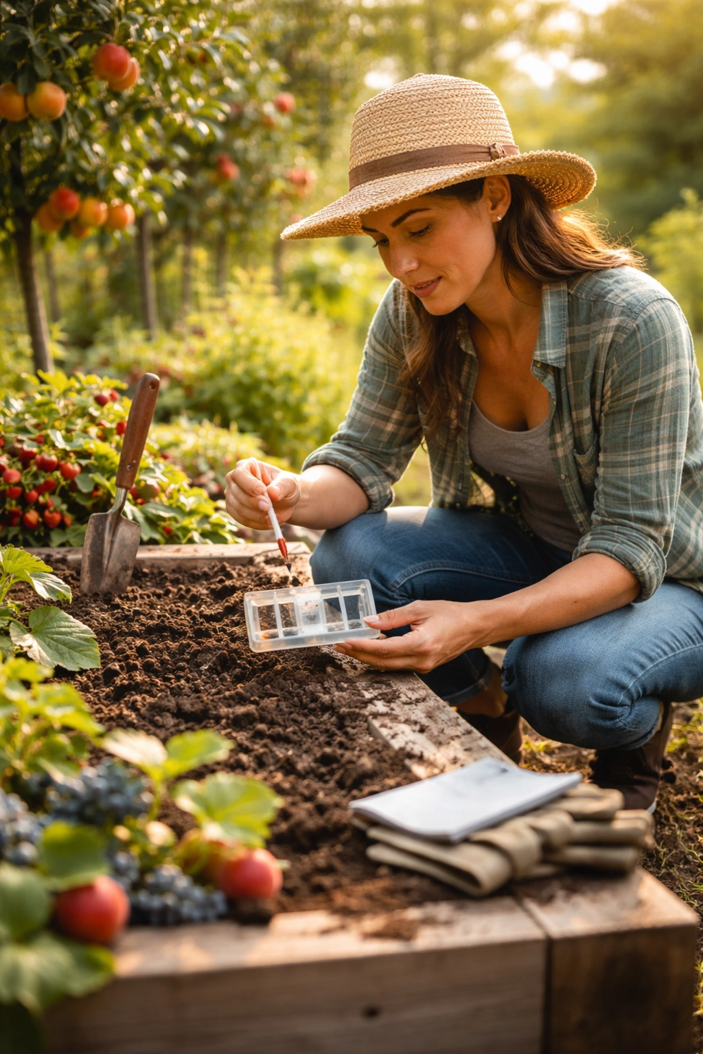 Gardener assessing soil and environment in a sunlit fruit garden