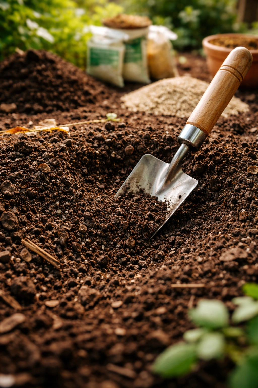 Close-up of rich garden soil with organic matter and a hand trowel