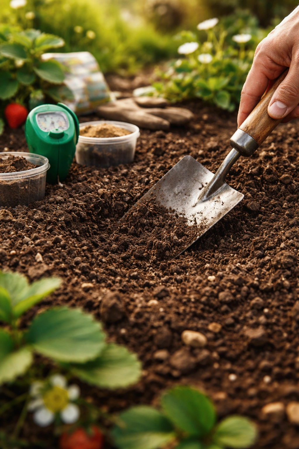 Bare garden soil with a hand-held trowel showing soil texture