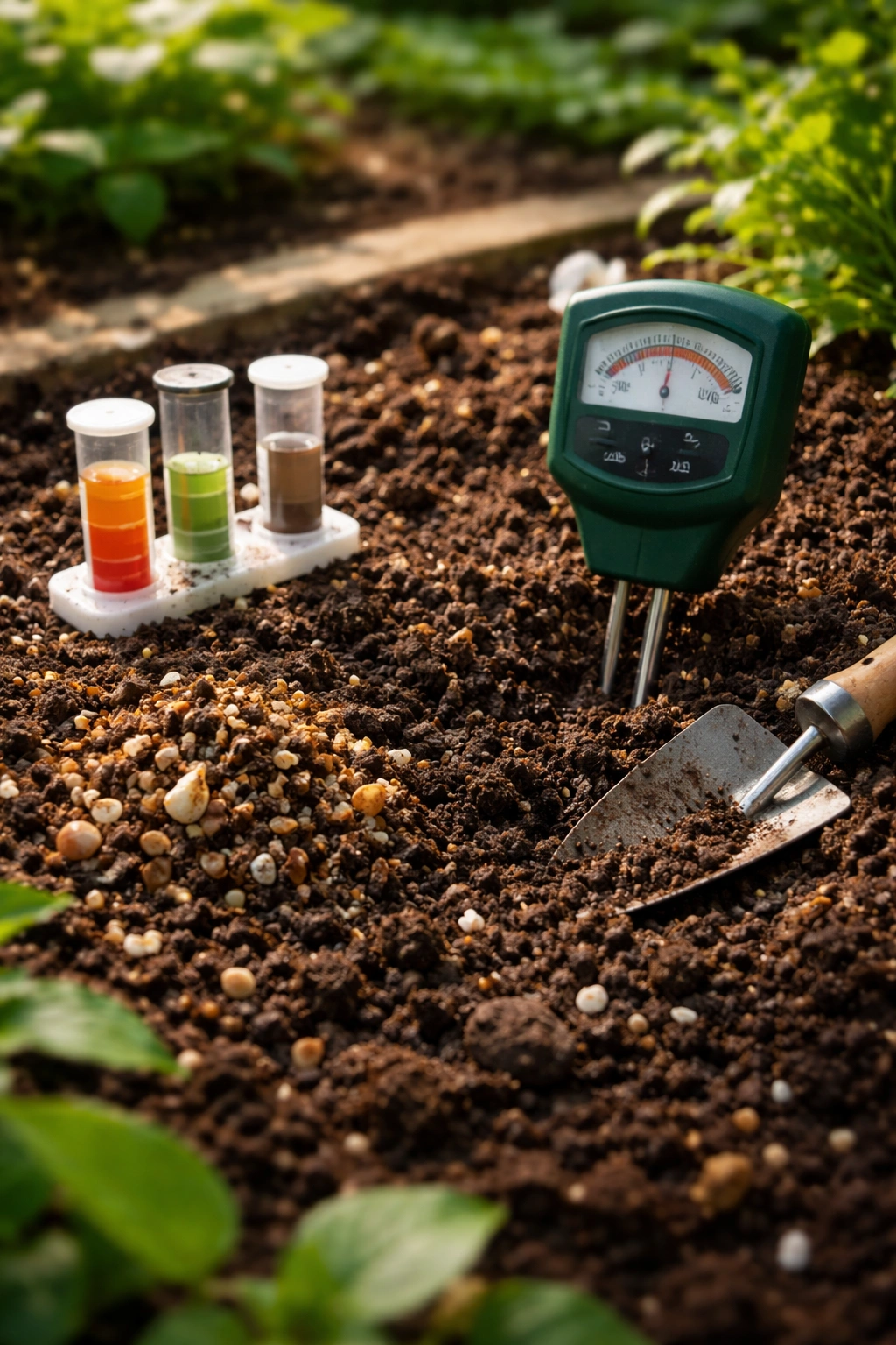Rich soil with organic matter and a soil test tool in a garden bed