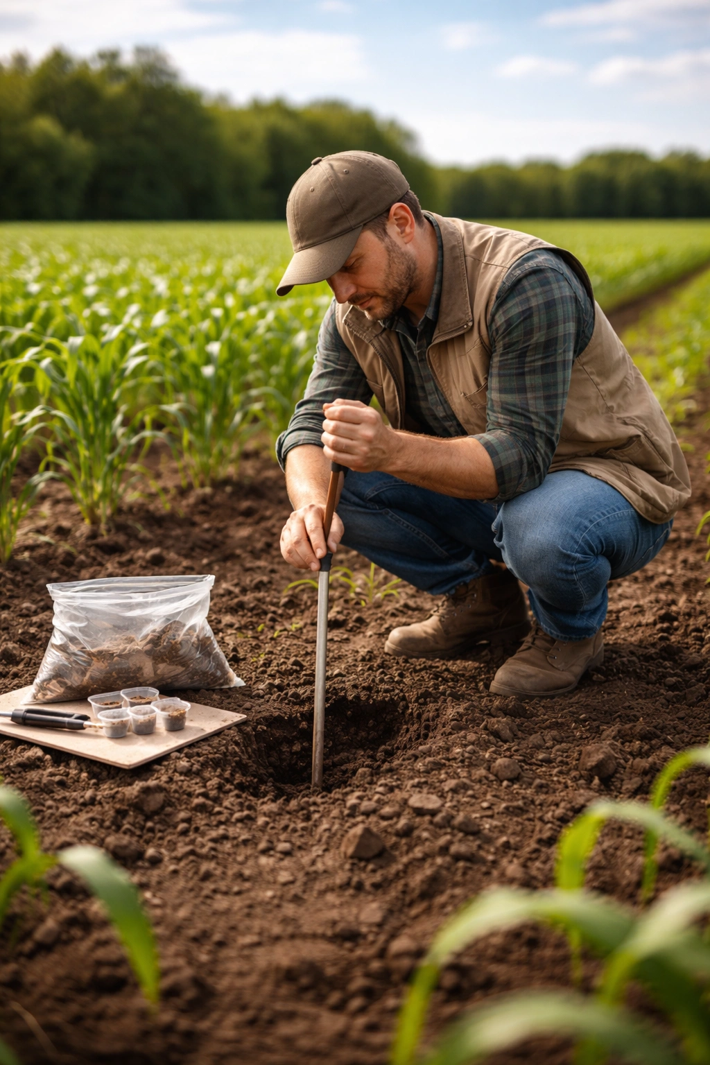 Agronomist testing soil with a probe in a field to assess location and soil quality