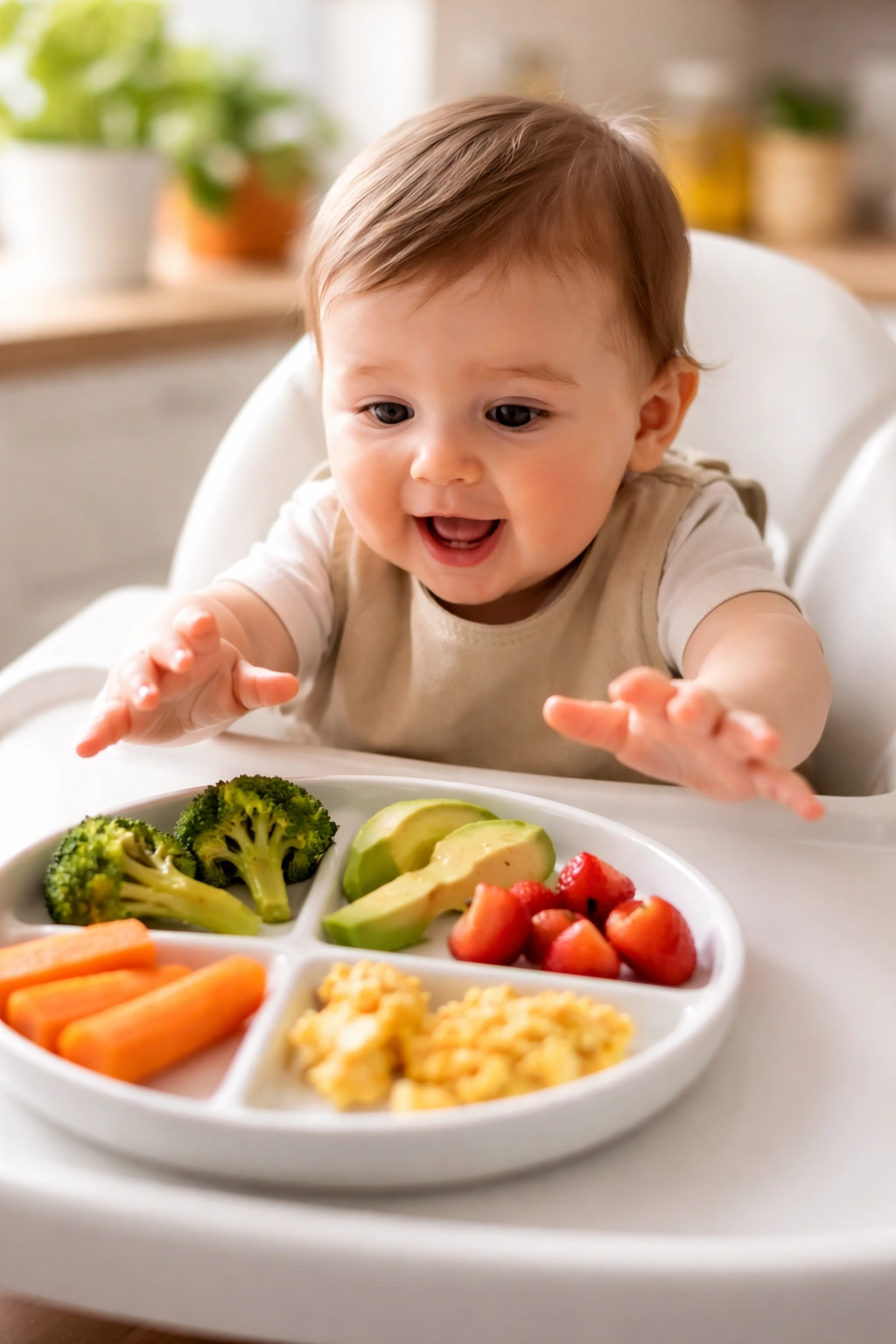 Baby upright in high chair showing readiness cues for solids