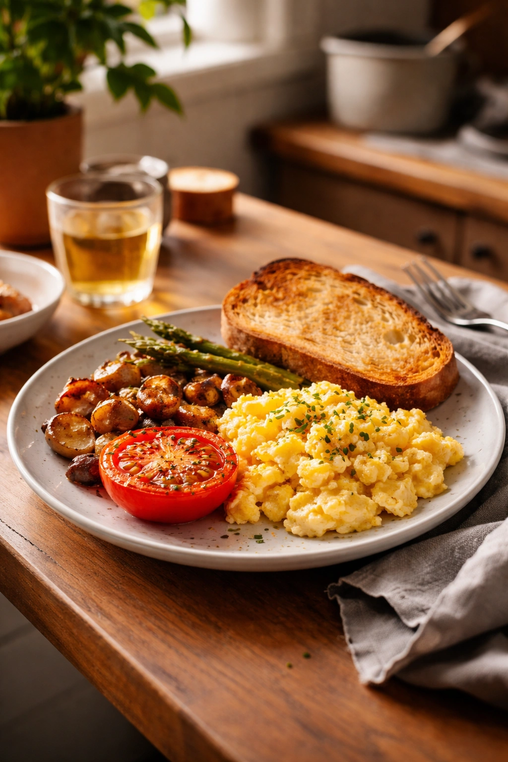 Plate of scrambled eggs with toast and tomato for a solo breakfast dinner