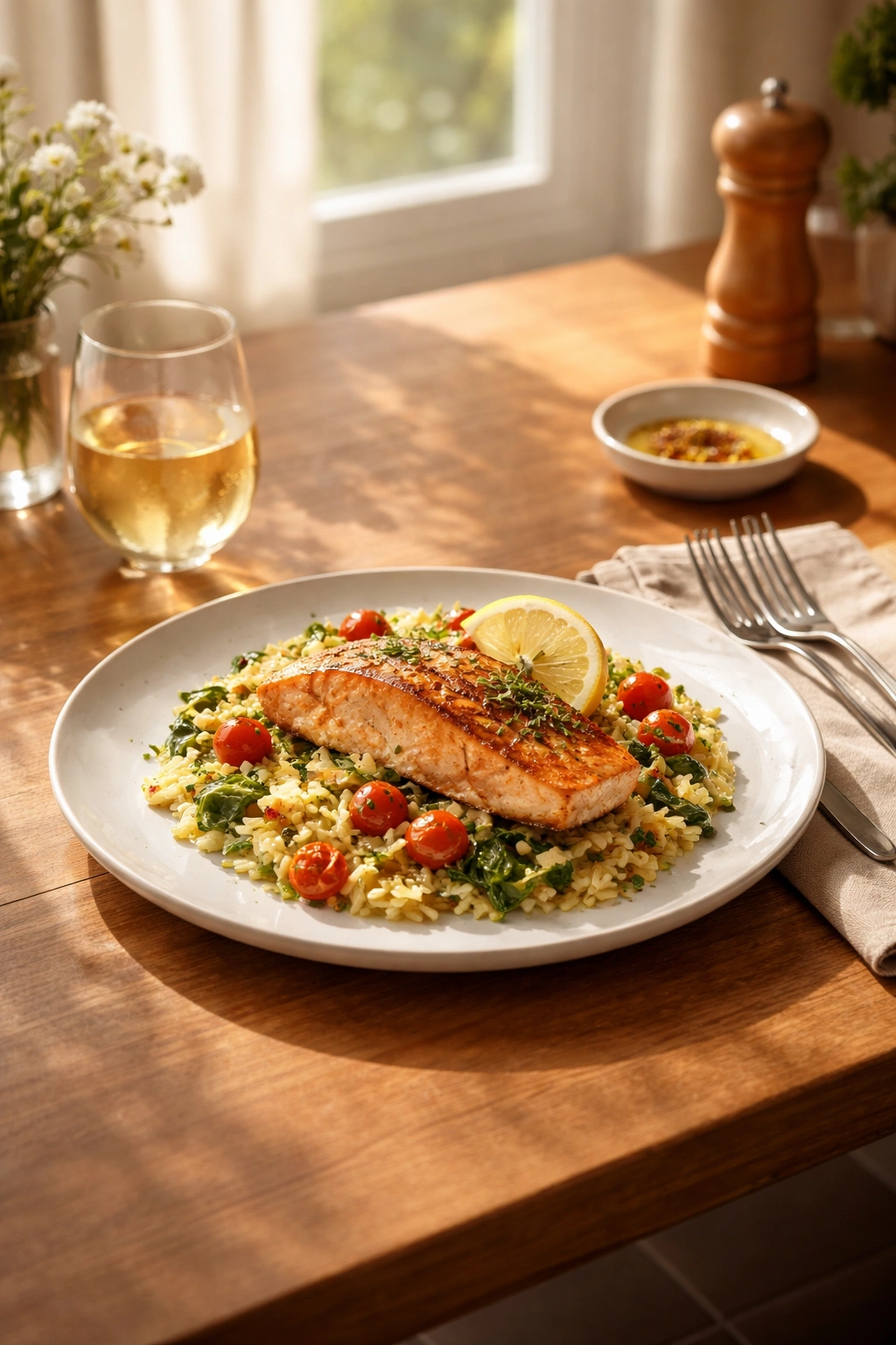 Solo dinner plated elegantly on a wooden table emphasizing self-care and nourishment