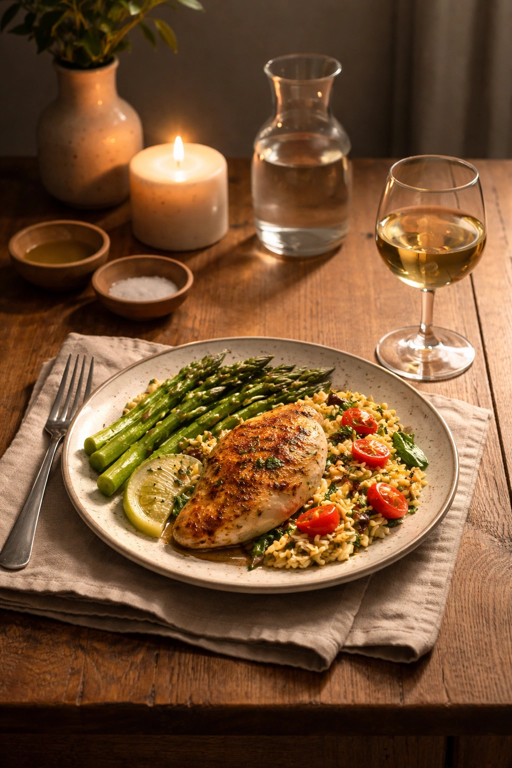 Solo dinner plated on wooden table under warm lighting
