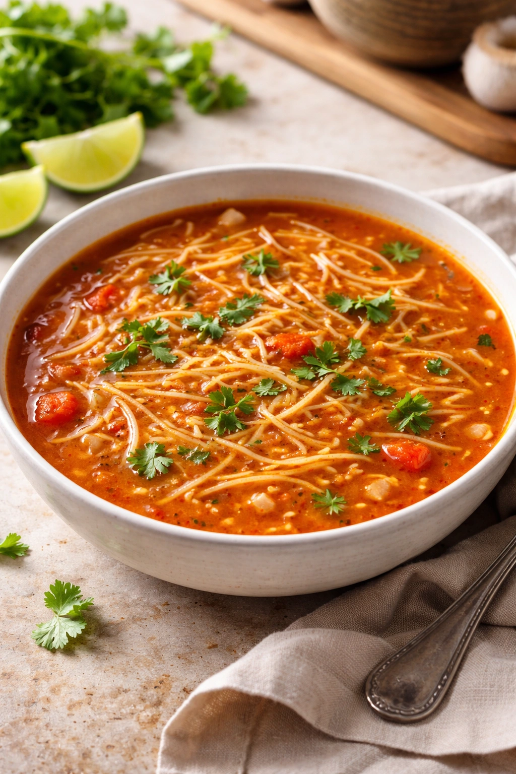 Toasted fideo noodles in tomato broth in a shallow bowl.