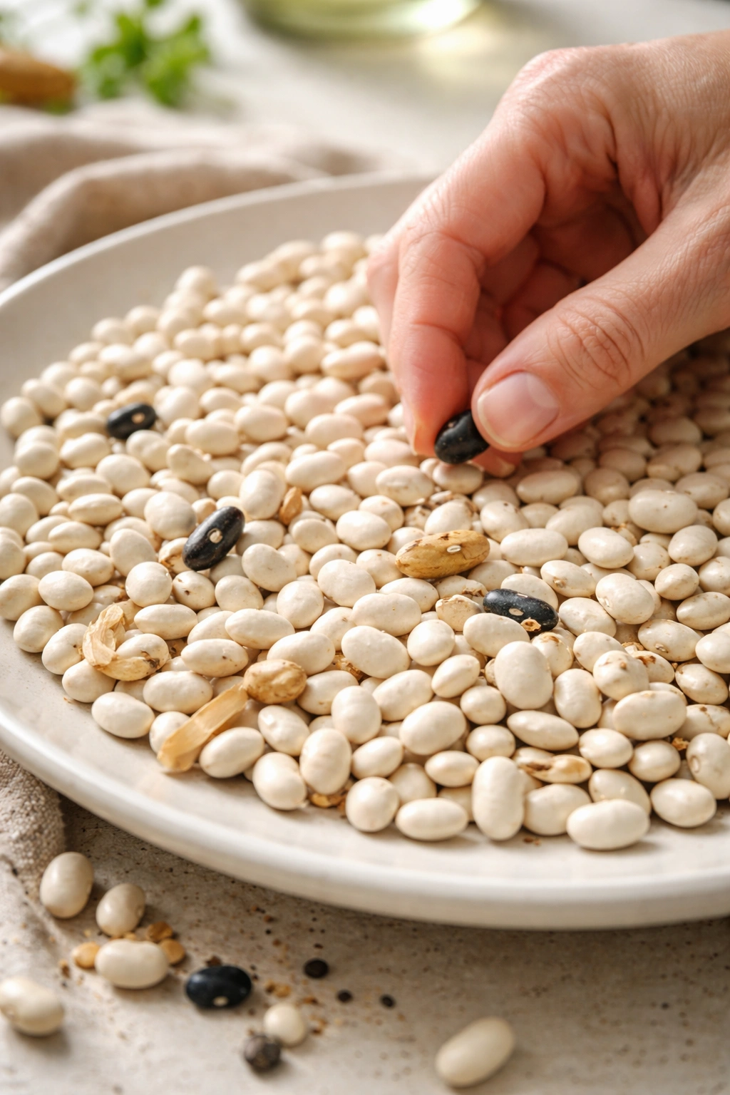 Close-up of hand sorting dried beans on a light plate