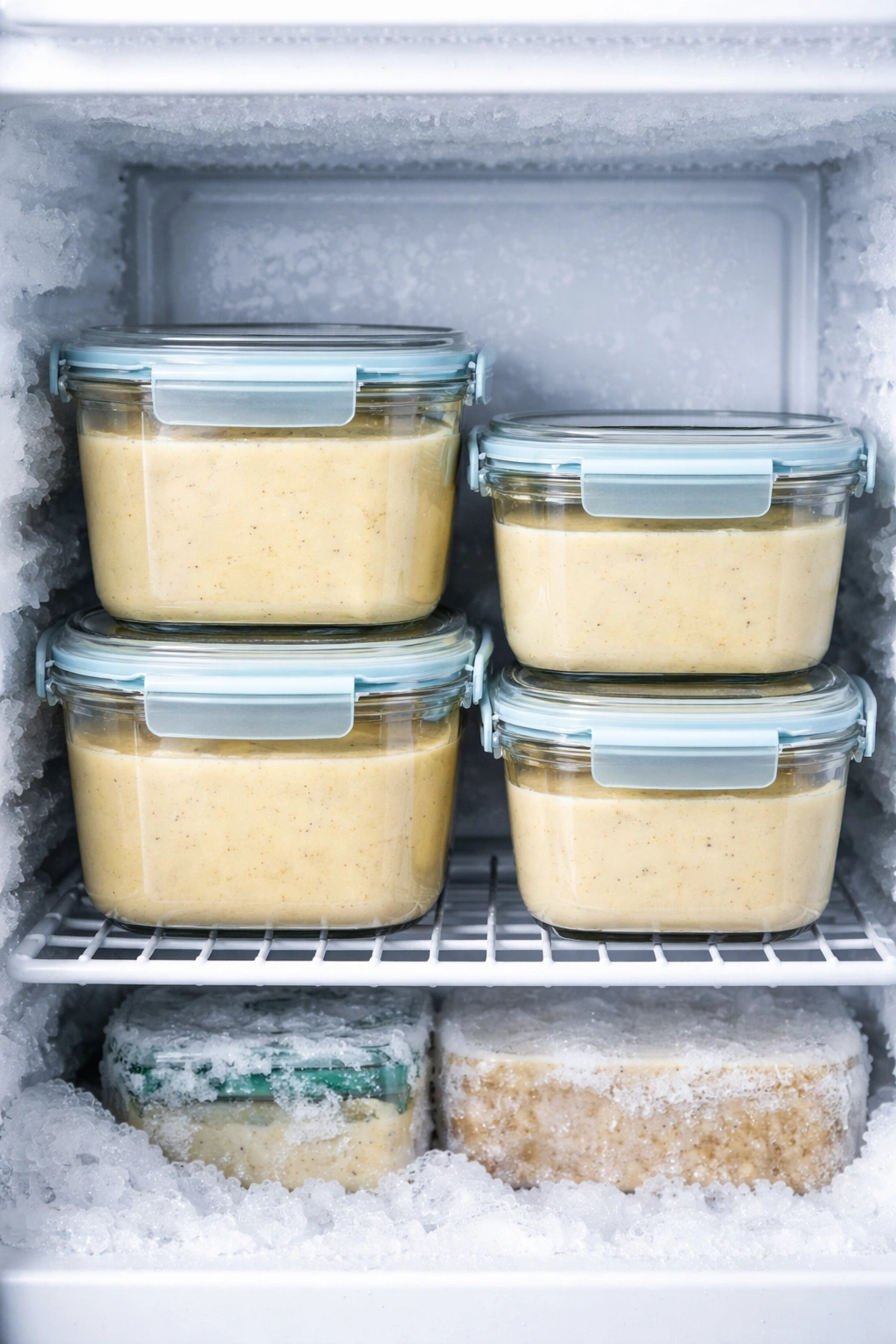 Row of freezer-safe containers with soup stored for freezing and refrigeration