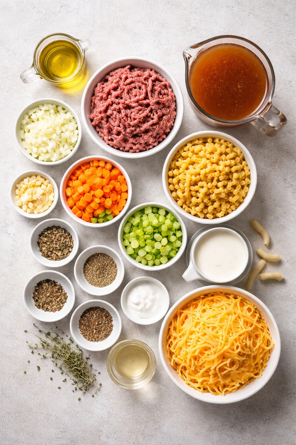 Flat lay of soup ingredients including beef, vegetables, pasta, cream, cheese, and vinegar