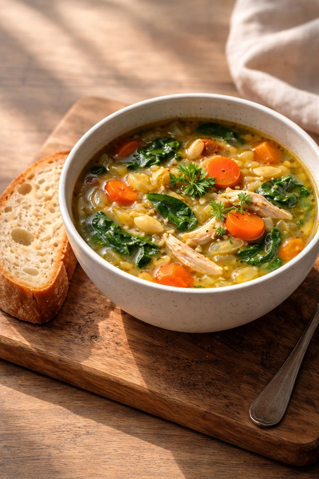 Soup with crusty bread on wooden board