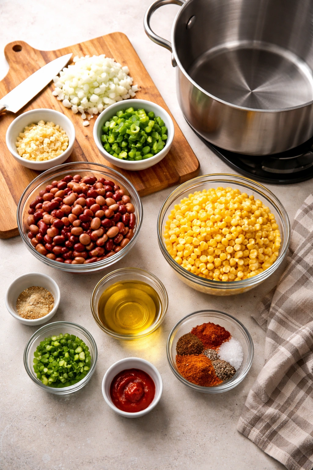 Prepped ingredients for soup laid out on a counter with a pot ready to cook