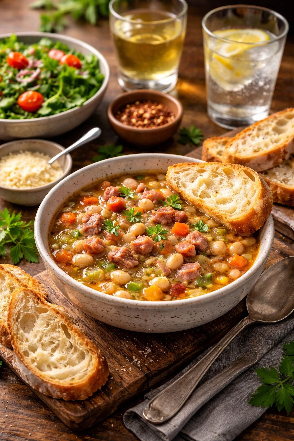 Bowl of ham and bean soup with bread on wooden table
