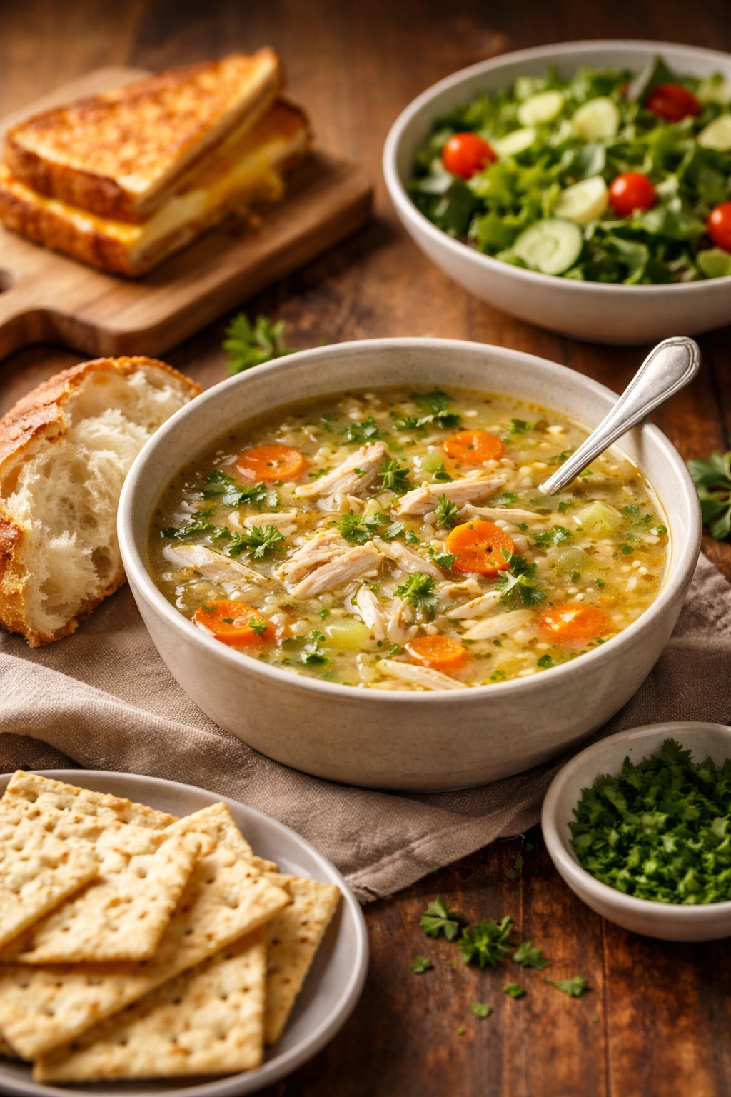 Steaming bowl of chicken soup with crusty bread, inviting serving scene