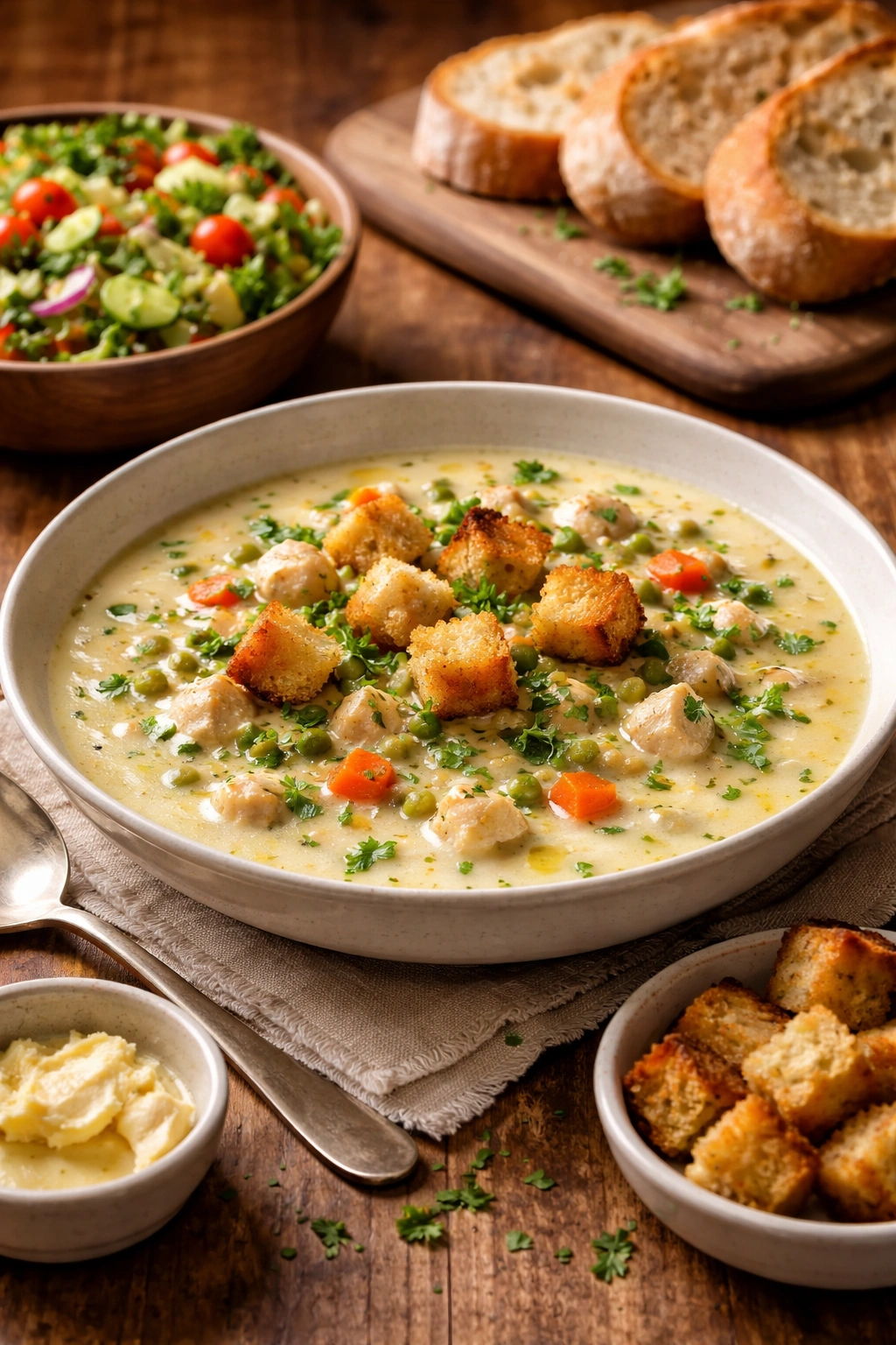 Creamy soup in a shallow bowl with parsley and croutons on wooden table