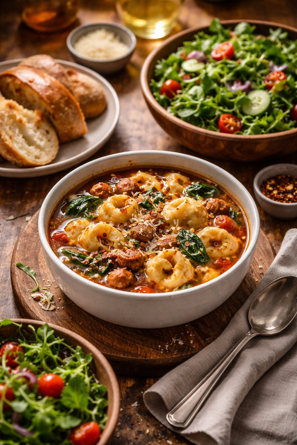 Bowl of hot sausage tortellini soup with bread and salad on a wooden table