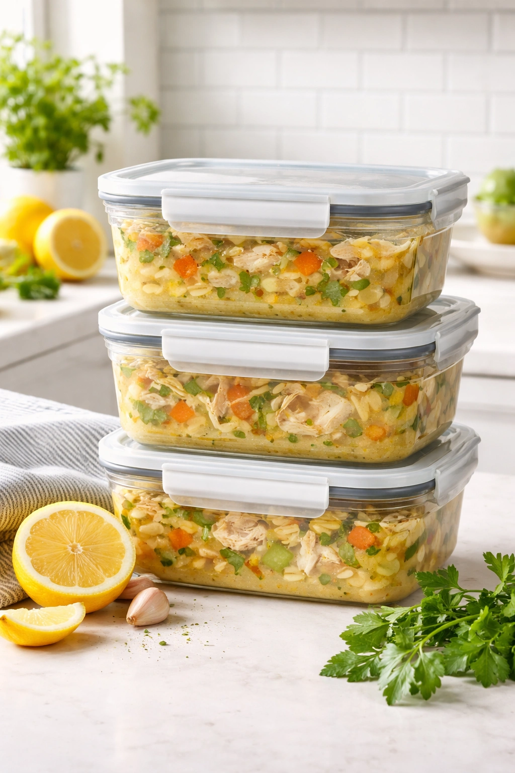 Row of airtight soup containers ready for storage on counter