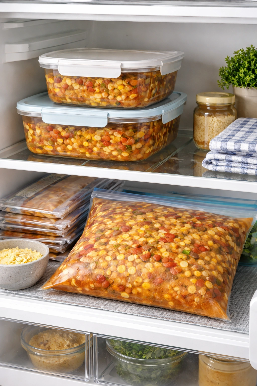 Soup stored in containers and freezer bags for refrigeration and freezing