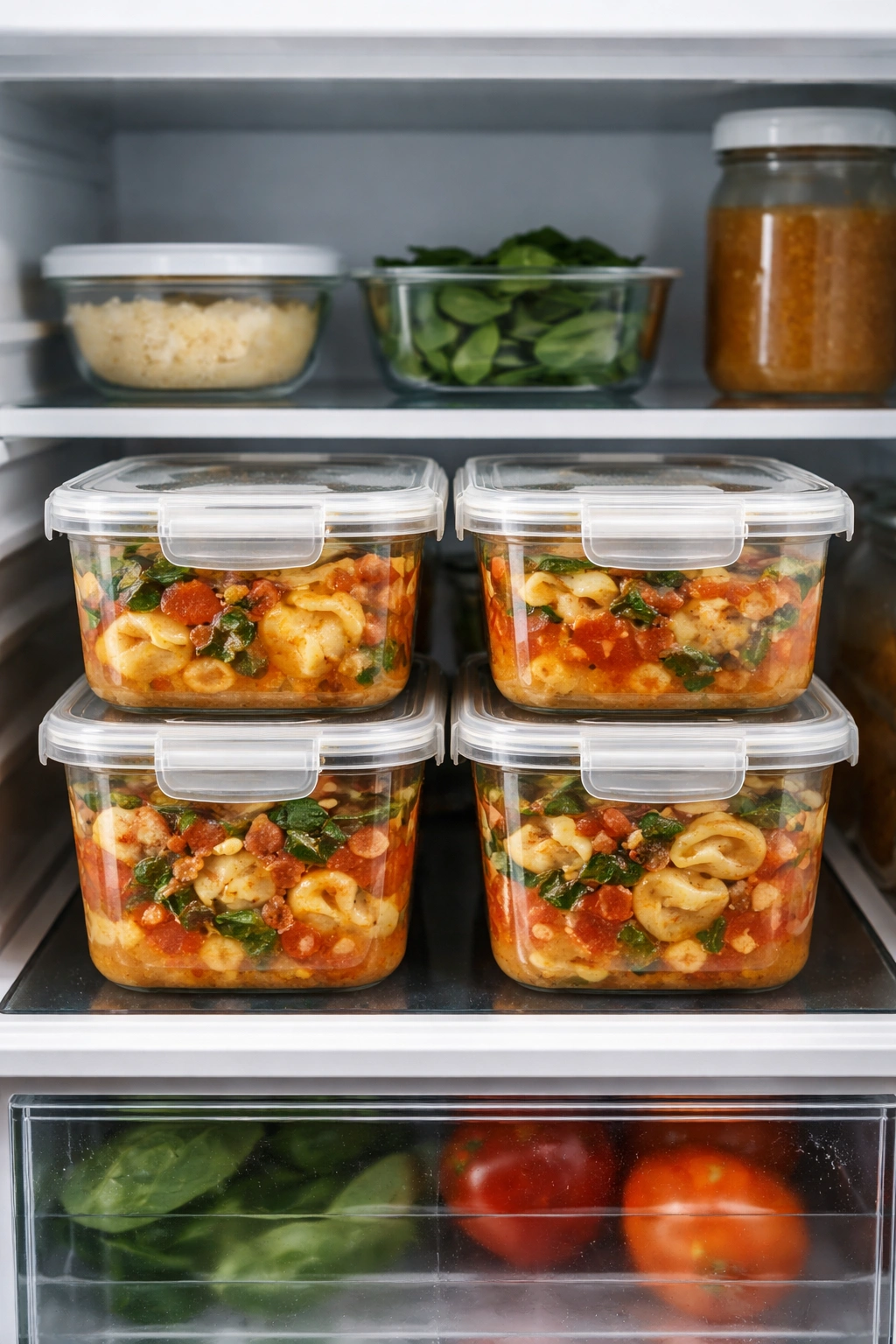 Glass containers with soup stored in a fridge, representing make-ahead storage