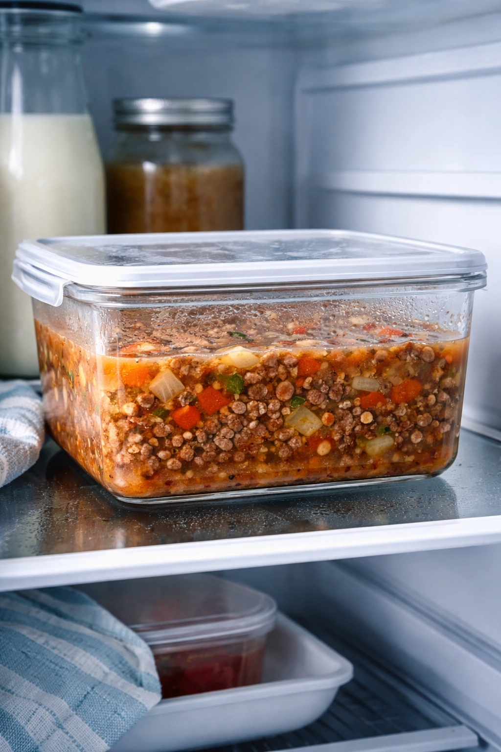Container with soup base stored in refrigerator ready for make-ahead