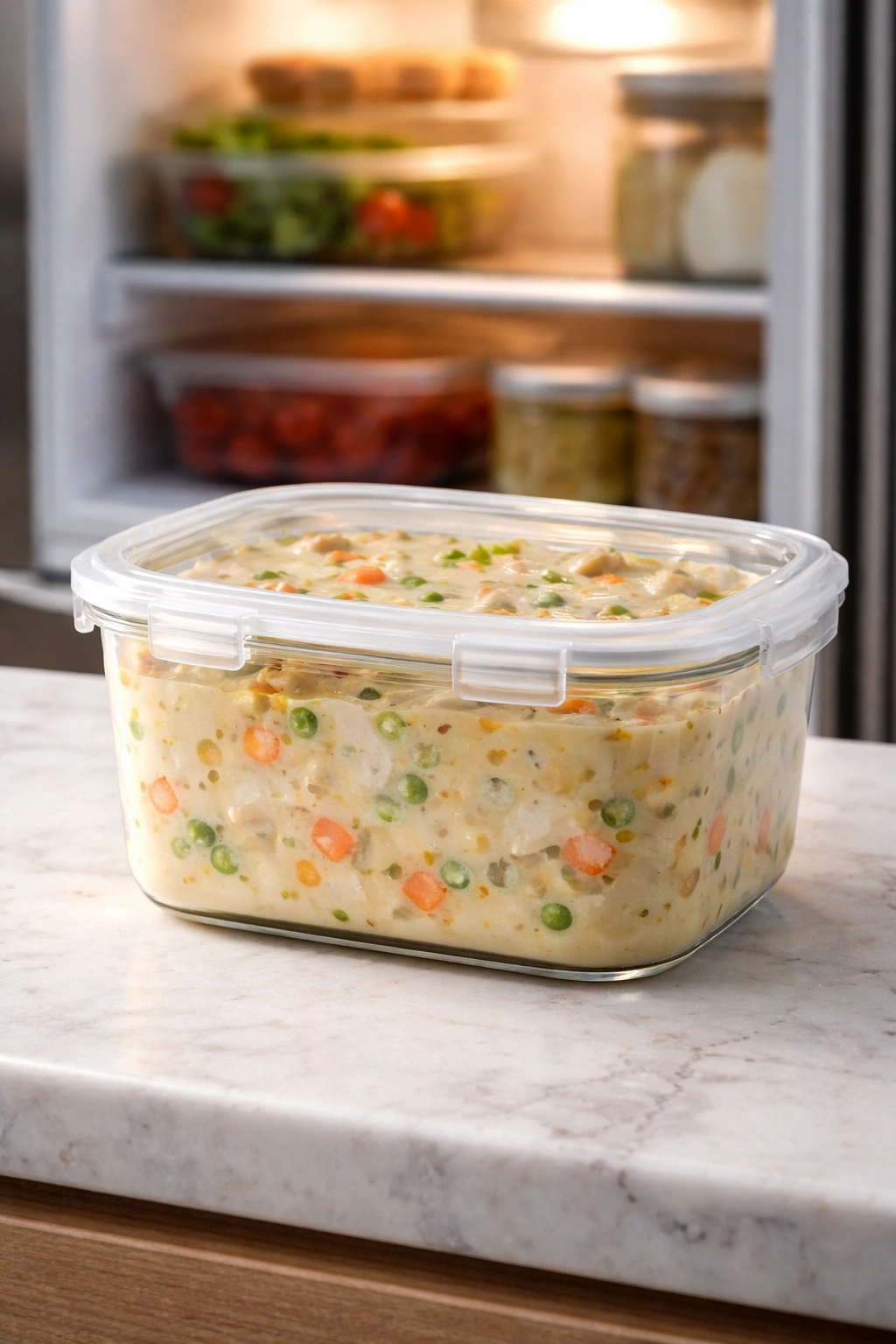 Glass container of creamy soup on kitchen counter suggesting storage and make-ahead prep